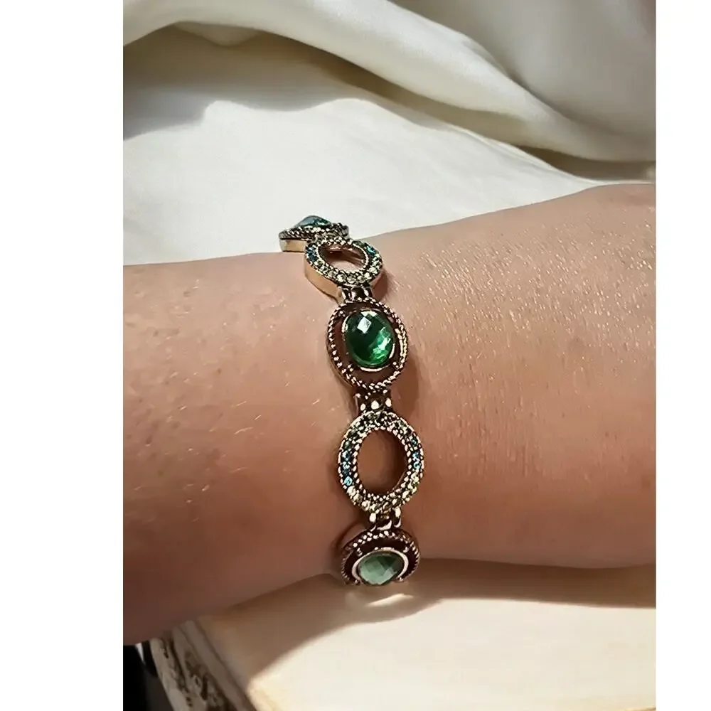 Napier Green Crystal Stretch Bracelet Vintage Gold Tone Moody Glam